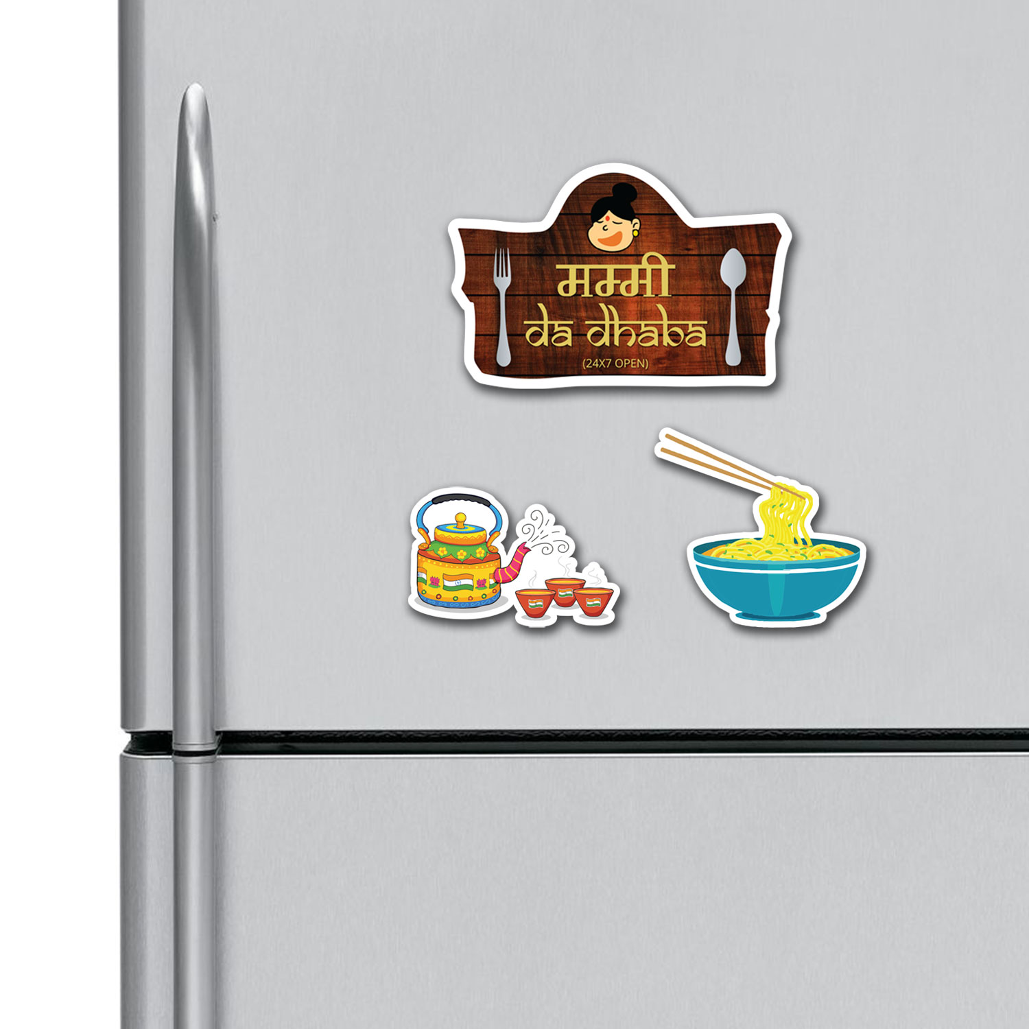 Mummy da Dhaba Noodles Tea Kettle Fridge Magnets Combo