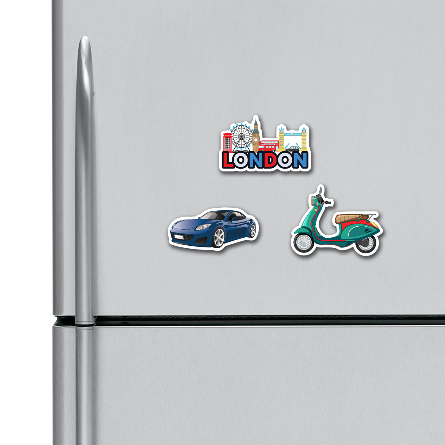 Super Car Scooter London Fridge Magnets Combo