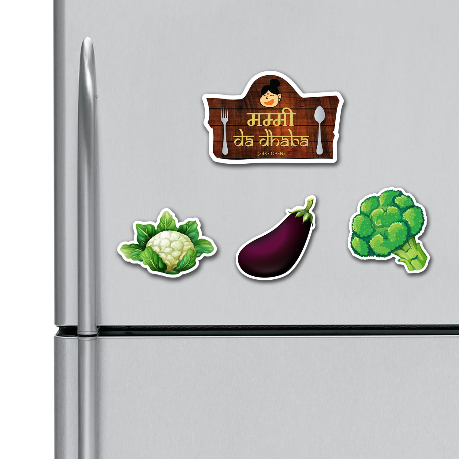 Mummy Da Dhaba Cauliflower Brinjal Broccoli Fridge Magnets Combo