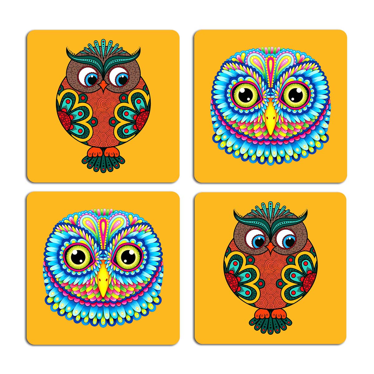 Colourful Sweet Owl Printed Table Coasters Set