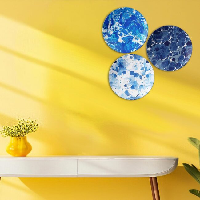 Deep Blue Elegance: Oceanic Abstract Decorative Ceramic Wall Plates Set of 3 - Image 4
