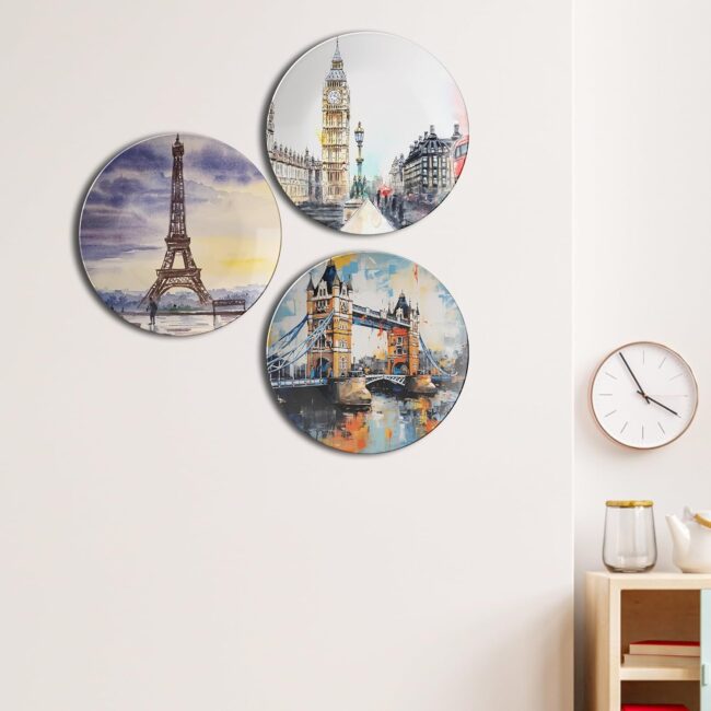 Plates with Iconic Buildings Decorative Ceramic Wall Plates Set of 3.