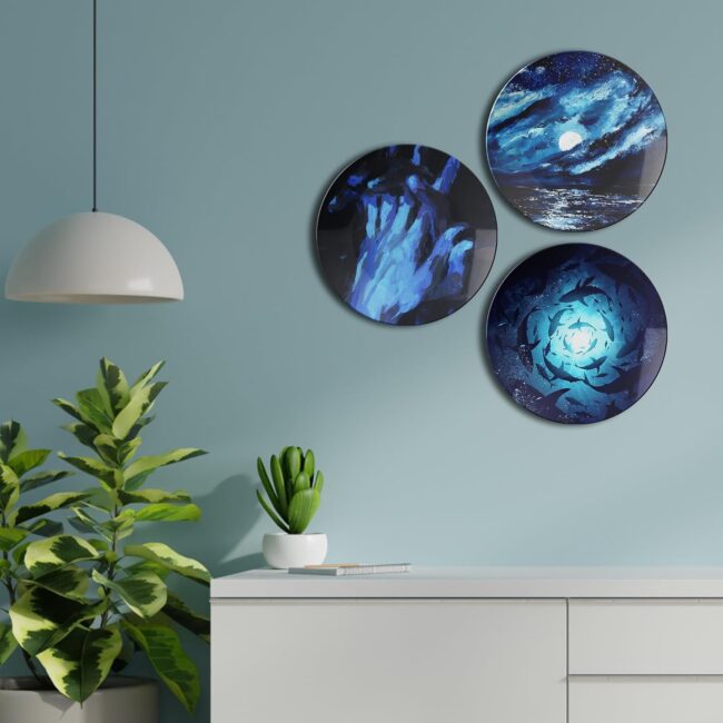 Blue Plates with Ocean Depths Decorative Ceramic Wall Plates Set of 3. - Image 2