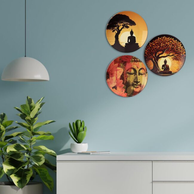Buddha Art Accents in a Minimalist Living Space Decorative Ceramic Wall Plates Set of 3.