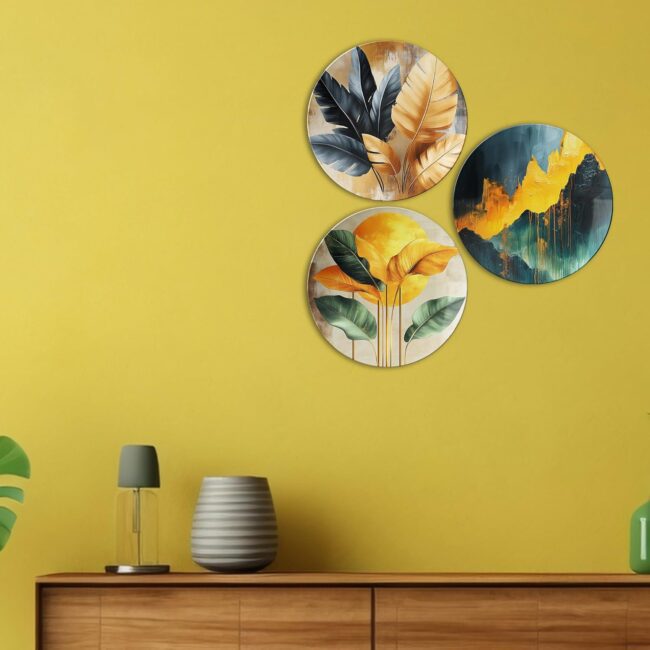Golden Nature Harmony: Abstract Botanical Decorative Ceramic Wall Plates, Set of 3
