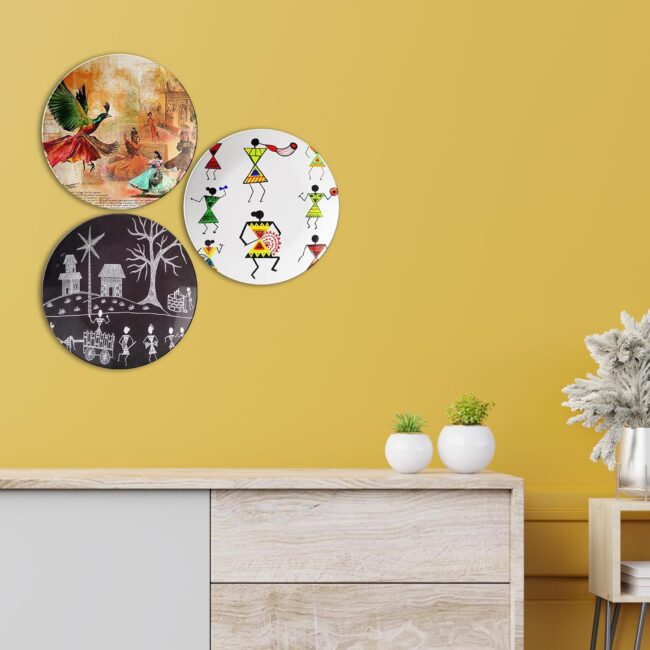 Featuring Traditional Indian Folk Art Decorative Ceramic Wall Plates Set of 3. - Image 6