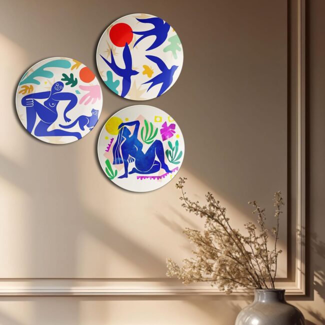 Plates with Abstract Figures and Nature Decorative Ceramic Wall Plates Set of 3