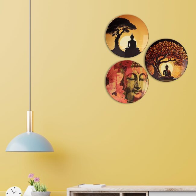 Buddha Art Accents in a Minimalist Living Space Decorative Ceramic Wall Plates Set of 3. - Image 5