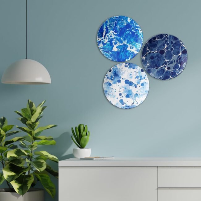 Deep Blue Elegance: Oceanic Abstract Decorative Ceramic Wall Plates Set of 3 - Image 2