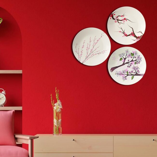 Japanese-Inspired Cherry Blossom Art Decorative Ceramic Wall Plates Set of 3 - Image 6