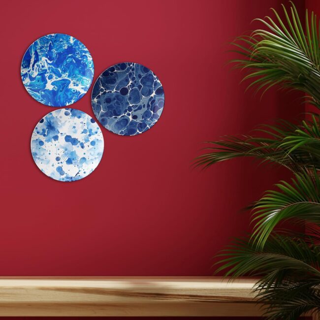 Deep Blue Elegance: Oceanic Abstract Decorative Ceramic Wall Plates Set of 3 - Image 5