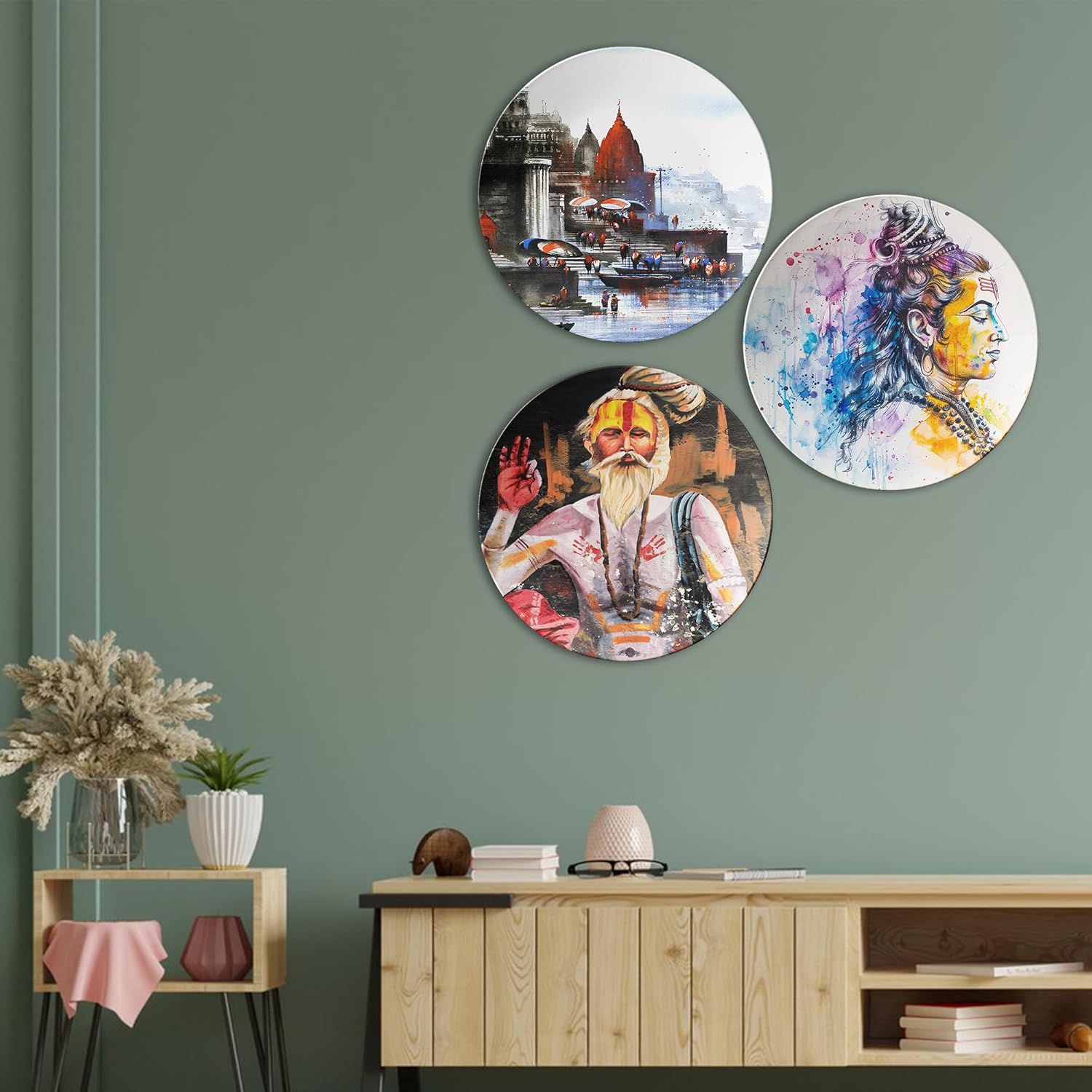 Indian Spiritual Art and Cultural Landscapes Decorative Ceramic Wall Plates Set of 3
