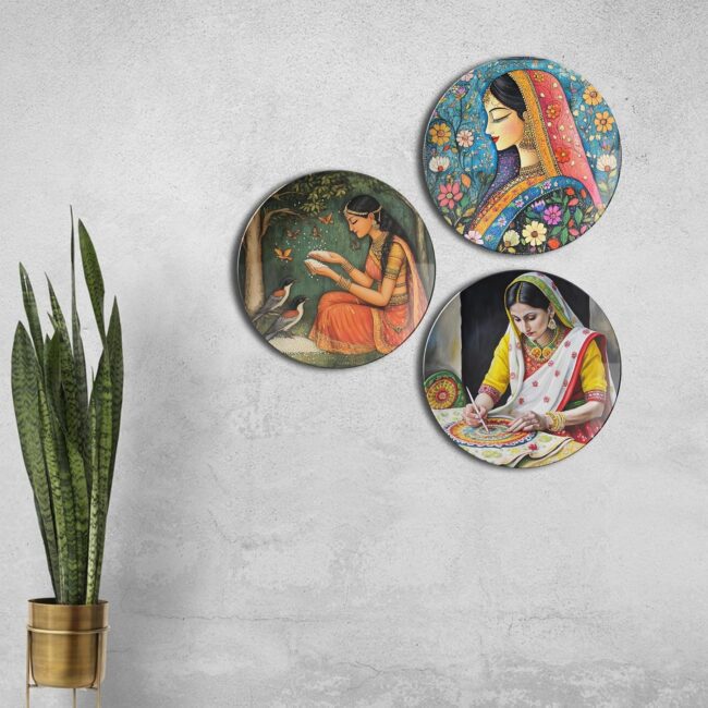 Wall Art with Indian Women Themes Decorative Ceramic Wall Plates Set of 3. - Image 2