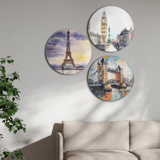 Wall Art with London and Paris Scenes Decorative Ceramic Wall Plates Set of 3. - Image 6