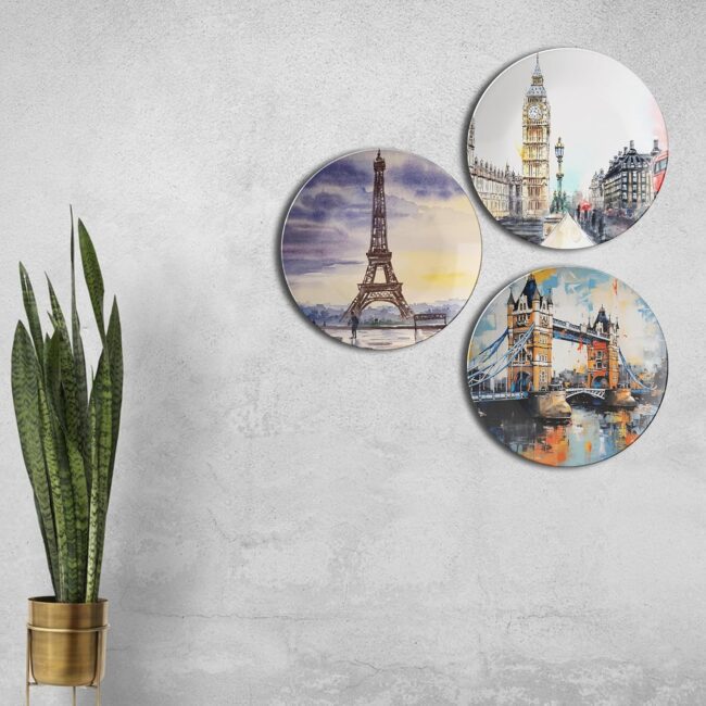 Wall Art with London and Paris Scenes Decorative Ceramic Wall Plates Set of 3. - Image 5