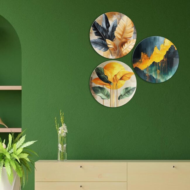 Golden Nature Harmony: Abstract Botanical Decorative Ceramic Wall Plates, Set of 3 - Image 3