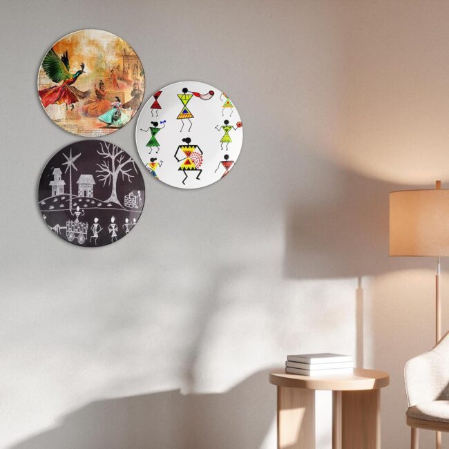 Featuring Traditional Indian Folk Art Decorative Ceramic Wall Plates Set of 3. - Image 5