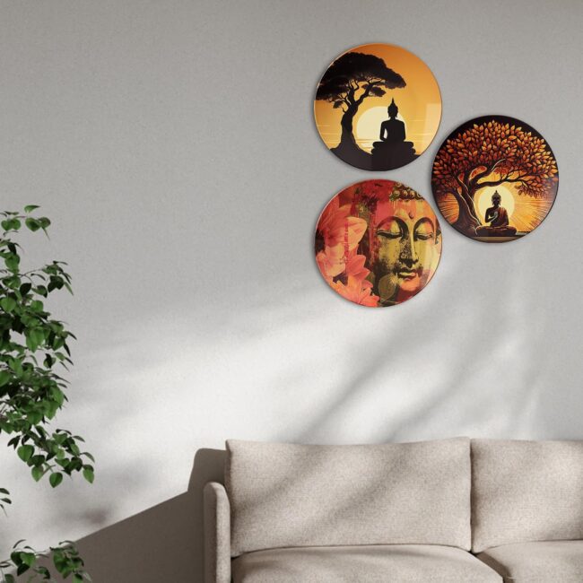 Buddha Art Accents in a Minimalist Living Space Decorative Ceramic Wall Plates Set of 3. - Image 2