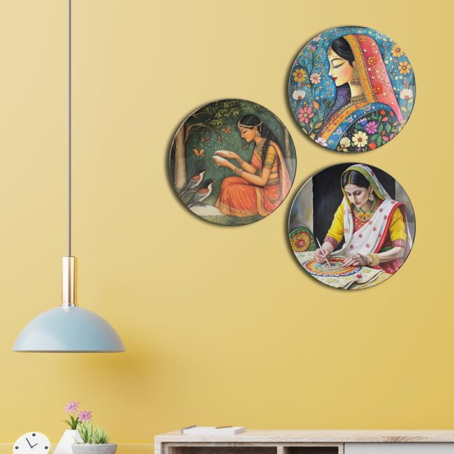 Wall Art with Indian Women Themes Decorative Ceramic Wall Plates Set of 3. - Image 5
