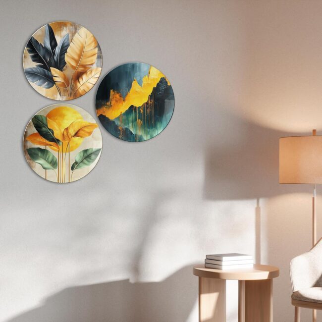 Golden Nature Harmony: Abstract Botanical Decorative Ceramic Wall Plates, Set of 3 - Image 4
