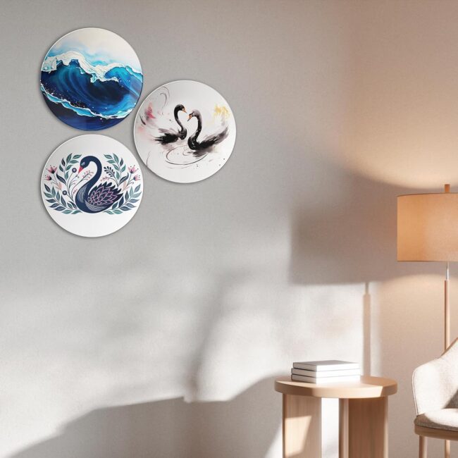 Ocean and Swan Designs Decorative Ceramic Wall Plates Set of 3