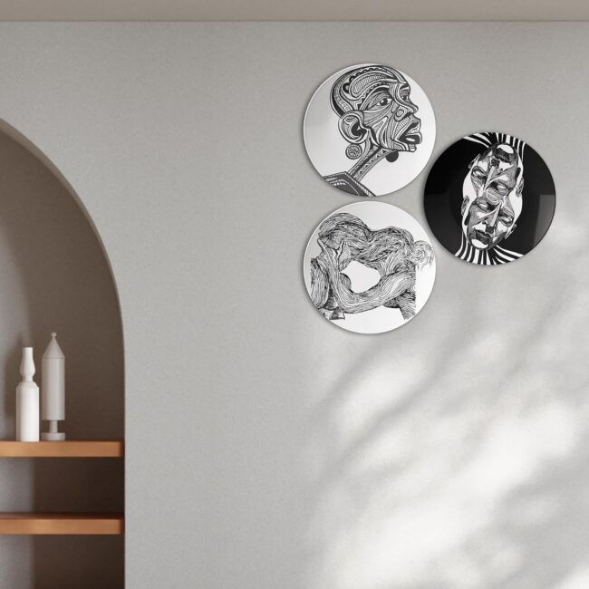 Expressions in Contrast: Modern Abstract Art Decorative Ceramic Wall Plates Set of 3.