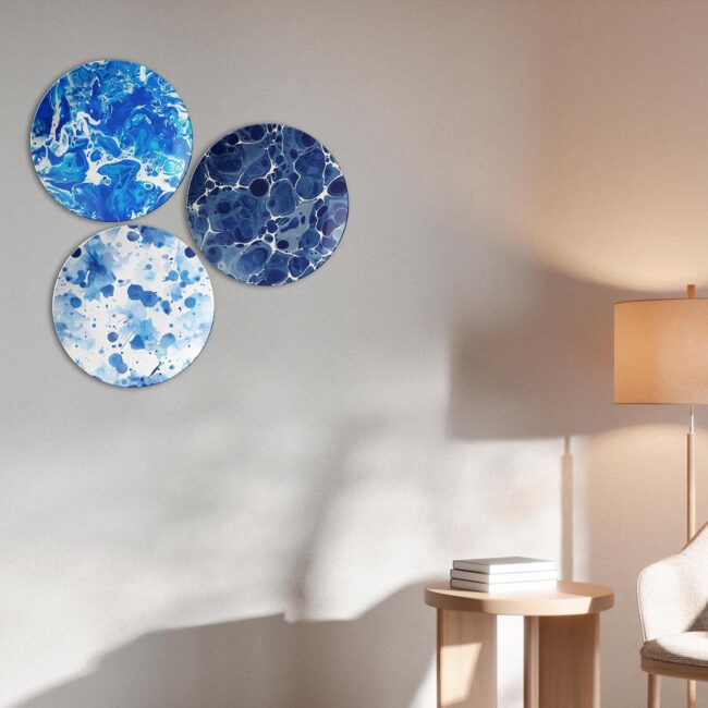 Deep Blue Elegance: Oceanic Abstract Decorative Ceramic Wall Plates Set of 3 - Image 6