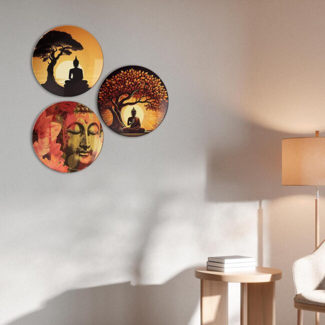 Buddha Art Accents in a Minimalist Living Space Decorative Ceramic Wall Plates Set of 3. - Image 6