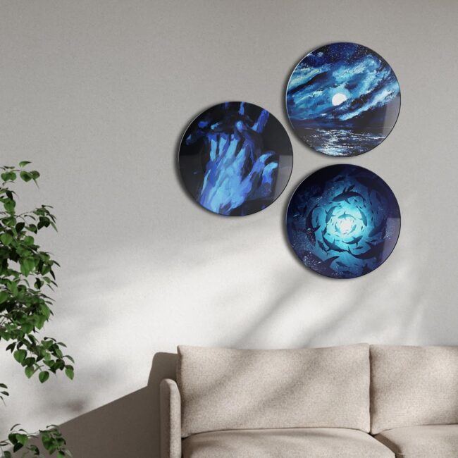 Blue Plates with Ocean Depths Decorative Ceramic Wall Plates Set of 3.