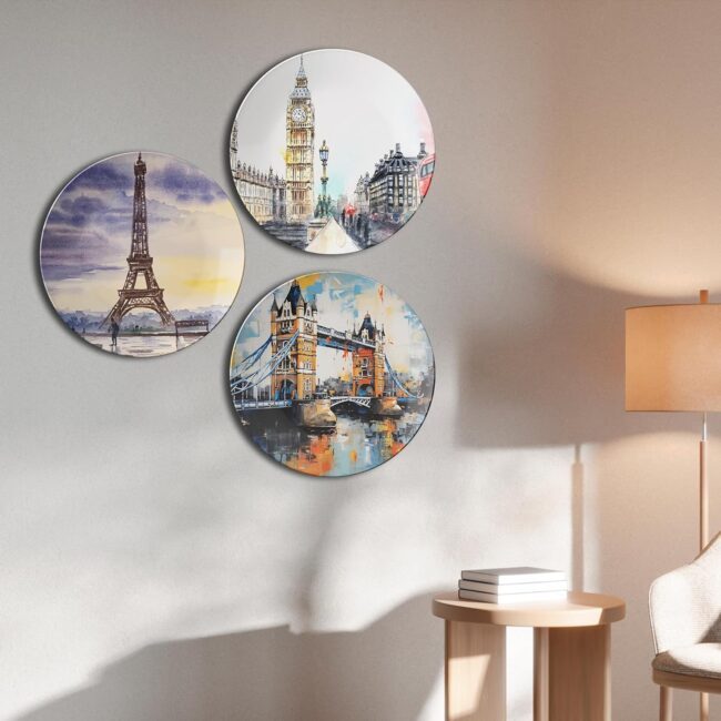 Wall Art with London and Paris Scenes Decorative Ceramic Wall Plates Set of 3. - Image 4