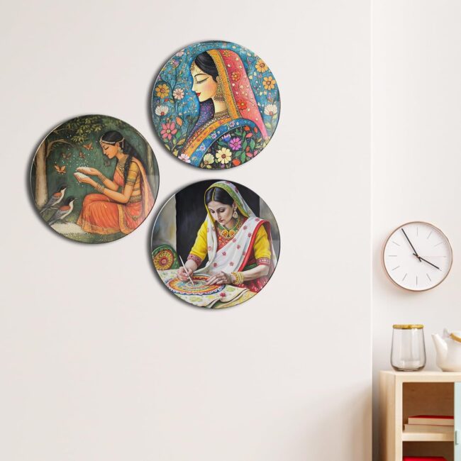 Wall Art with Indian Women Themes Decorative Ceramic Wall Plates Set of 3.