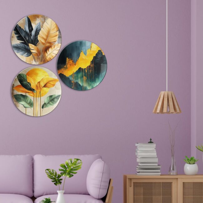 Golden Nature Harmony: Abstract Botanical Decorative Ceramic Wall Plates, Set of 3 - Image 2