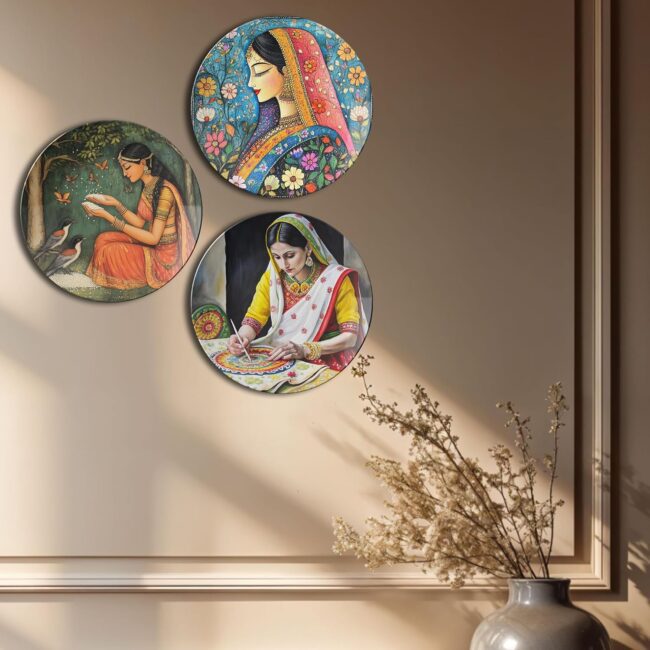 Wall Art with Indian Women Themes Decorative Ceramic Wall Plates Set of 3. - Image 3