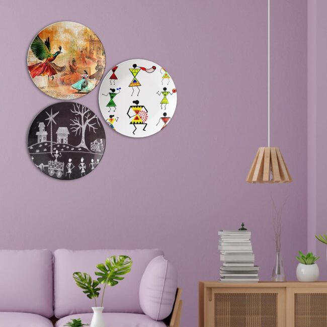 Featuring Traditional Indian Folk Art Decorative Ceramic Wall Plates Set of 3. - Image 2