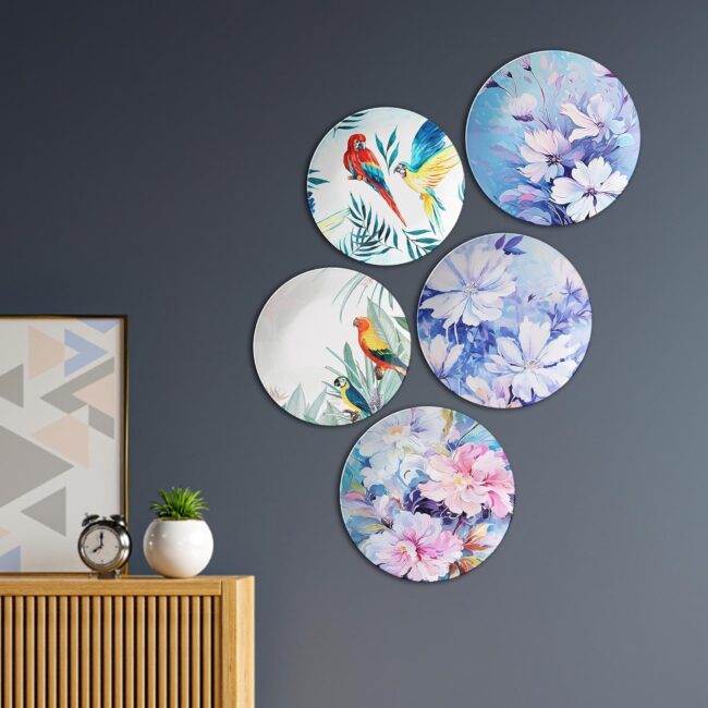 Birds Meet Flowers | Home Decoration | Living Room Wall Decoration | Décor Items | Gift Items (Set of 5)