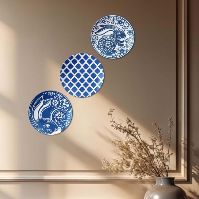 Creatures and Checks: A Blue Wall Display, Set of 3 Decorative Ceramic Wall Plates Combo No -110 - Image 4