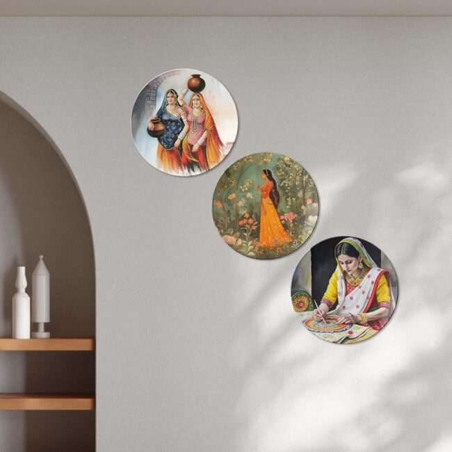 Traditional Indian Women's Depictions, Set of 3 Decorative Ceramic Wall Plates, Combo No -108 - Image 5