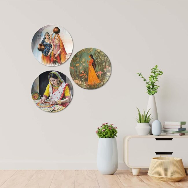 Traditional Indian Women's Depictions, Set of 3 Decorative Ceramic Wall Plates, Combo No -108 - Image 6