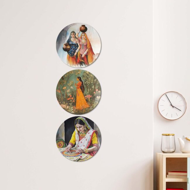 Traditional Indian Women's Depictions, Set of 3 Decorative Ceramic Wall Plates, Combo No -108 - Image 3