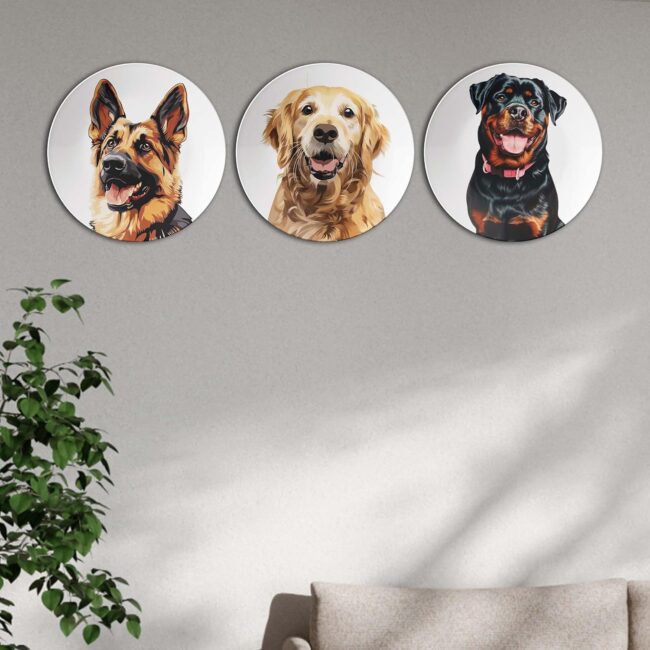German Shepherd, Golden Retriever, and Rottweiler Plates, Set of 3 Decorative Ceramic Wall Plates