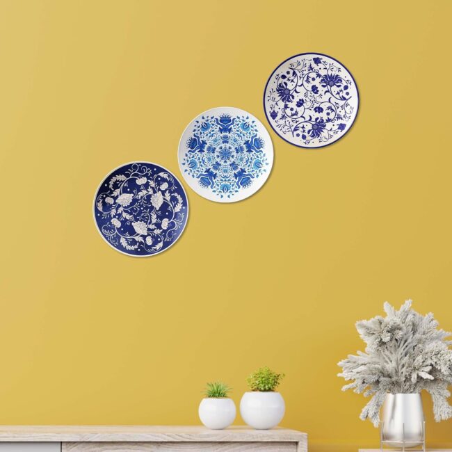 Floral Medallions in Blue and White, Set of 3 Decorative Ceramic Wall Plates, Combo No -109