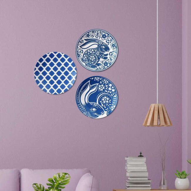 Creatures and Checks: A Blue Wall Display, Set of 3 Decorative Ceramic Wall Plates Combo No -110 - Image 2