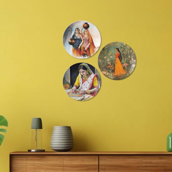 Traditional Indian Women's Depictions, Set of 3 Decorative Ceramic Wall Plates, Combo No -108