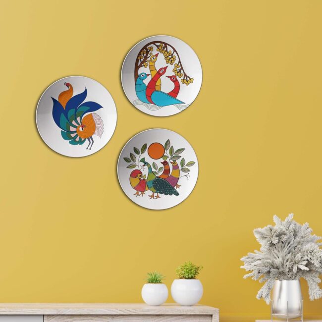Madhubani Peacocks: A Symphony of Color, Set of 3 Decorative Ceramic Wall Plates,Combo No -58 - Image 7