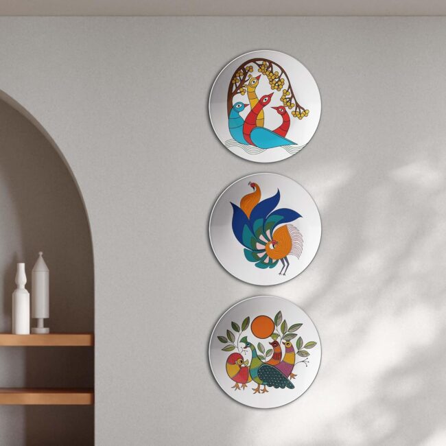 Madhubani Peacocks: A Symphony of Color, Set of 3 Decorative Ceramic Wall Plates,Combo No -58 - Image 5