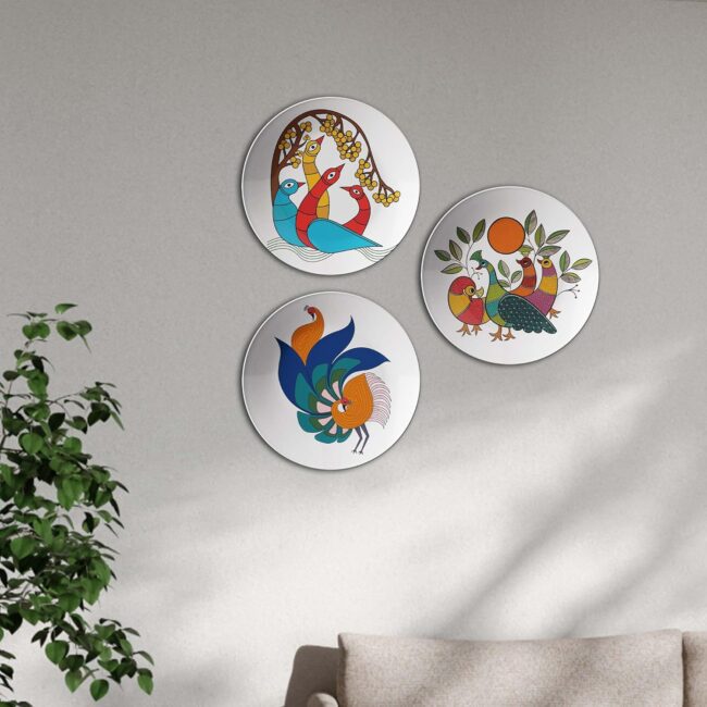 Madhubani Peacocks: A Symphony of Color, Set of 3 Decorative Ceramic Wall Plates,Combo No -58 - Image 4