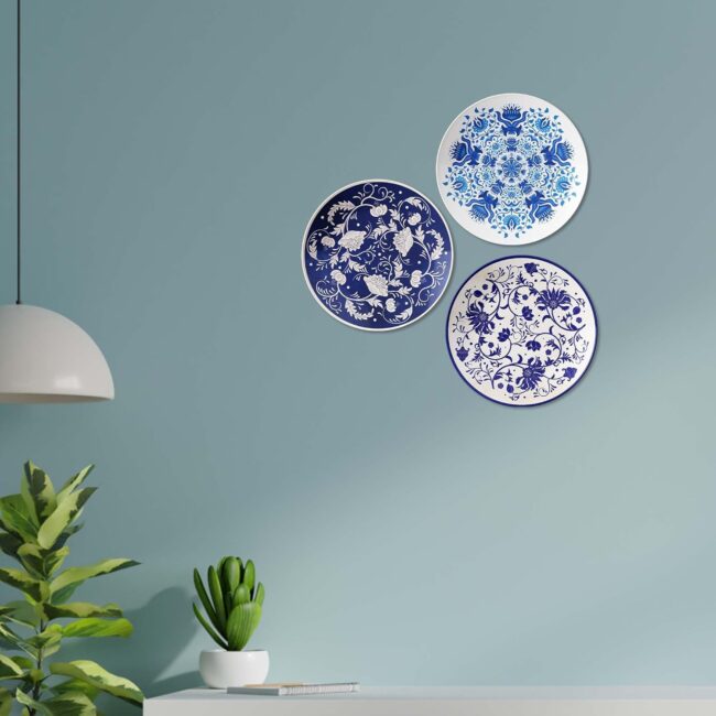 Floral Medallions in Blue and White, Set of 3 Decorative Ceramic Wall Plates, Combo No -109 - Image 2