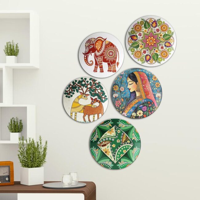 Vibrant Indian Folk Art | Home Decoration | Living Room Wall Decoration | Décor Items | Gift Items (Set of 5)