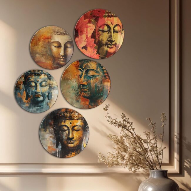 Serene Expressions of Buddha | Home Decoration | Living Room Wall Decoration | Decor Items | Gift Items (Set of 5) - Image 3