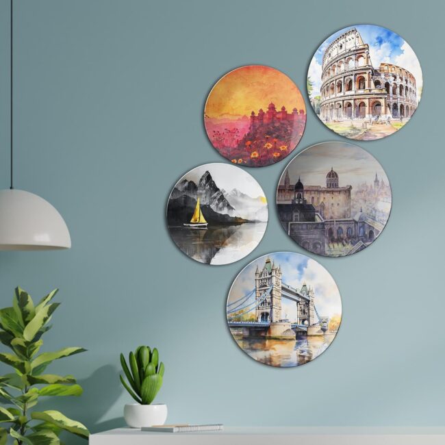 Places We Dream Of/Around the World in Five Plates | Home Decoration | Living Room Wall Decoration | Décor Items | Gift Items (Set of 5)
